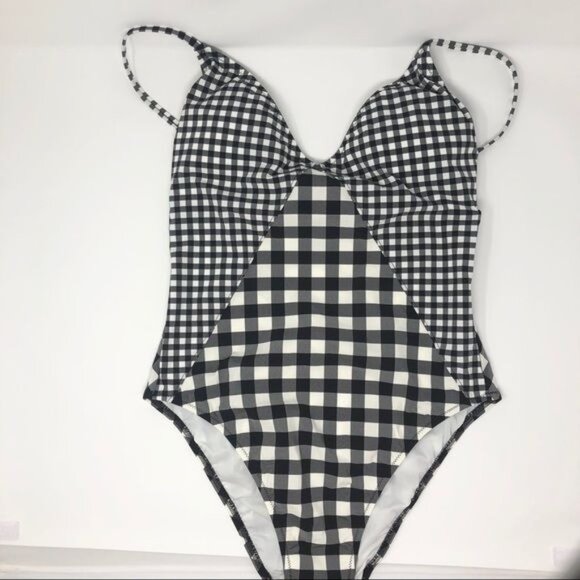 J Crew Deep V neck One piece Swimsuit Black and Ivory Gingham Size 8 and 10 NWT - Picture 5 of 7